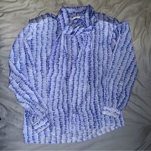 VTG Matson necktie Bow Blouse Blue Geometric Scale XL Gathered Puff Shoulder USA